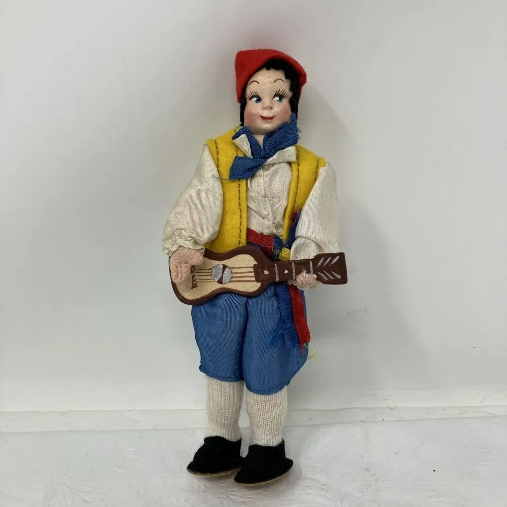 Vintage Italian Painted Face Boy Doll Hand Made Felt Vest Hair Hat Shoes